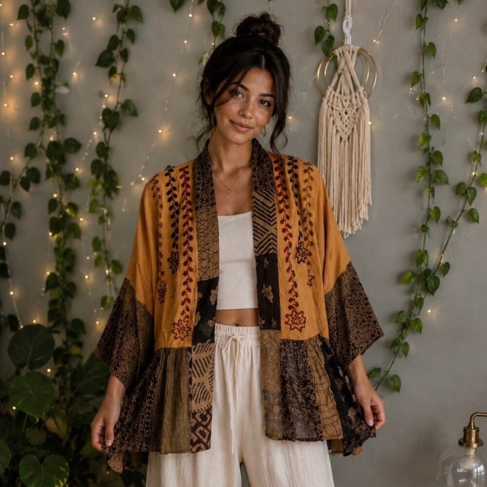 Young Threads Boho Patchwork Embroidered Kimono Cardigan NWT Size S